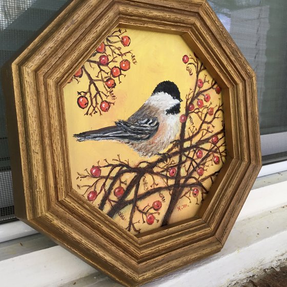 Chickadee # 20 - oil on 8X8 octagonal canvas