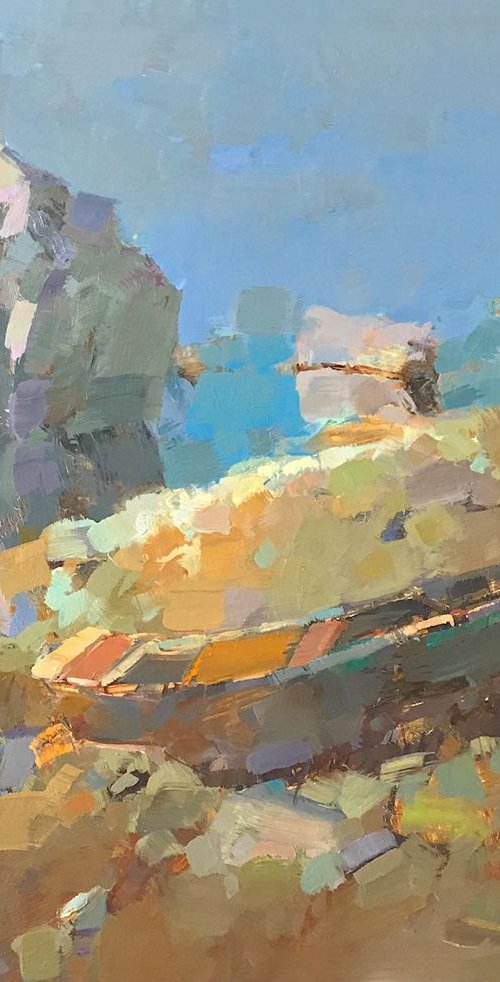 Boat on the Shore, Original oil painting, Handmade artwork, One of a kind by Vahe Yeremyan