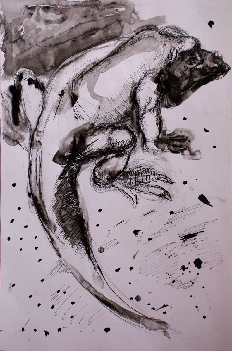 Impressionistic Animal Ink Drawing By Evgeniq Ivanova, 13 X 20, Komodo Dragon, Original Artwork
