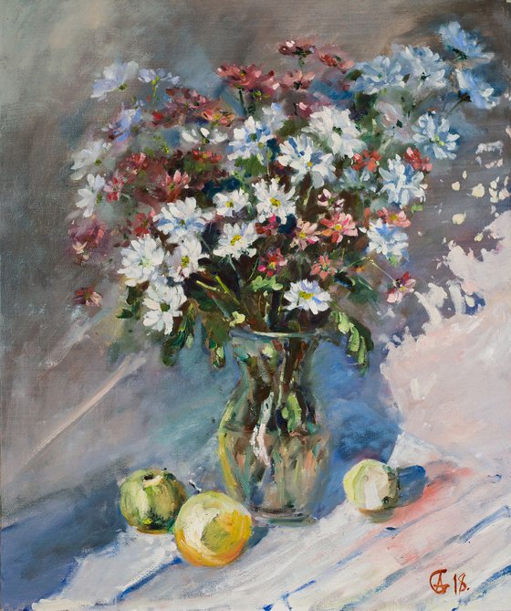 Autumn bouquet. Original oil painting. Impressionistic still life flowers gentle muted colors shadow provence bright