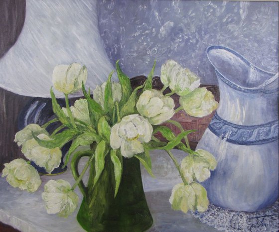 White Tulips with Water Jug