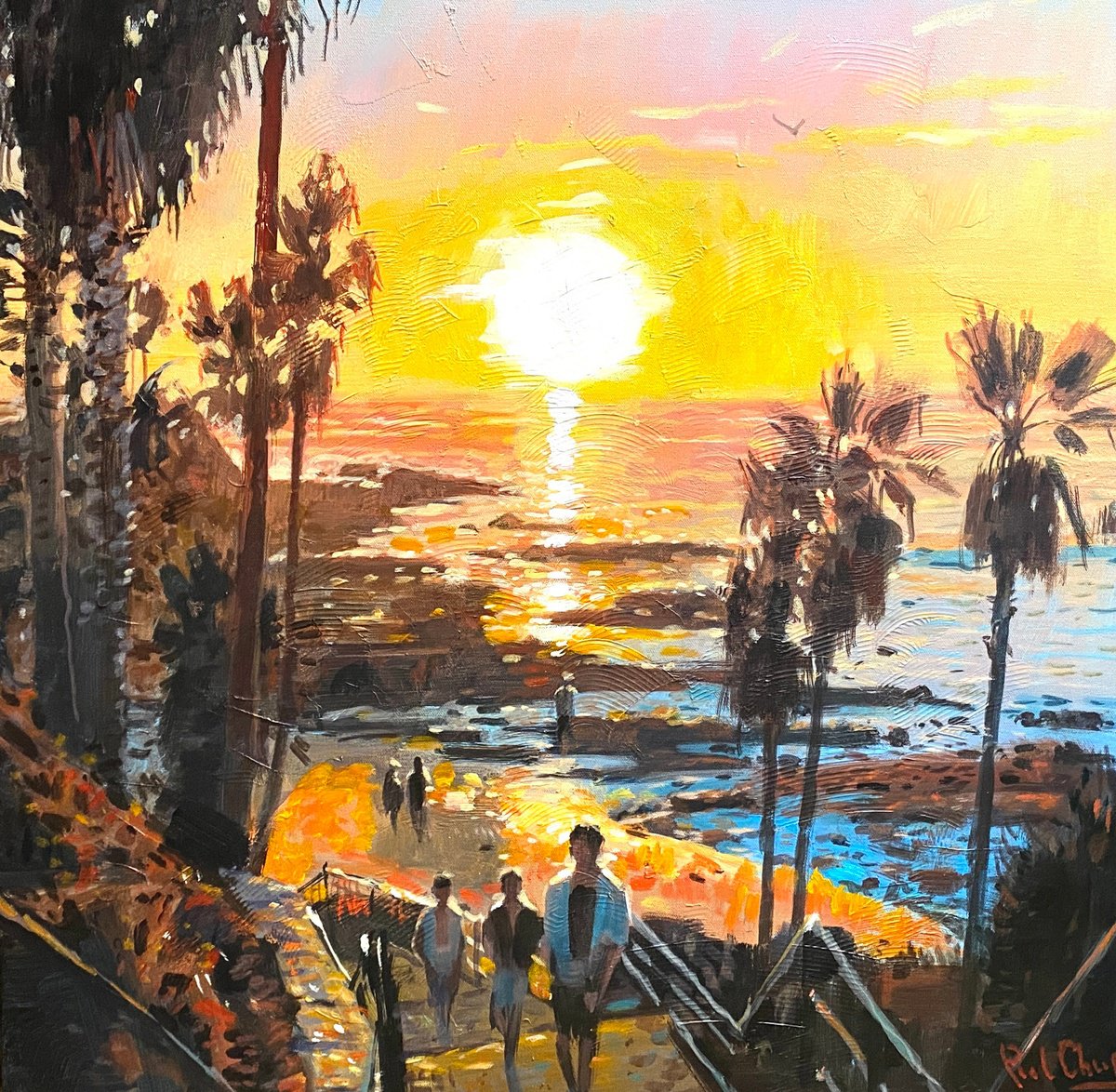 Impressionistic Landscape Acrylic Painting By Paul Cheng, 30 X 30", Laguna Beach Dusk, Original Artwork