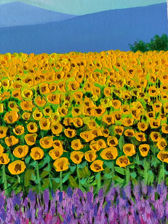 Sunflower and Lavender field! Country Landscape! House in the field! A3 size Painting on paper