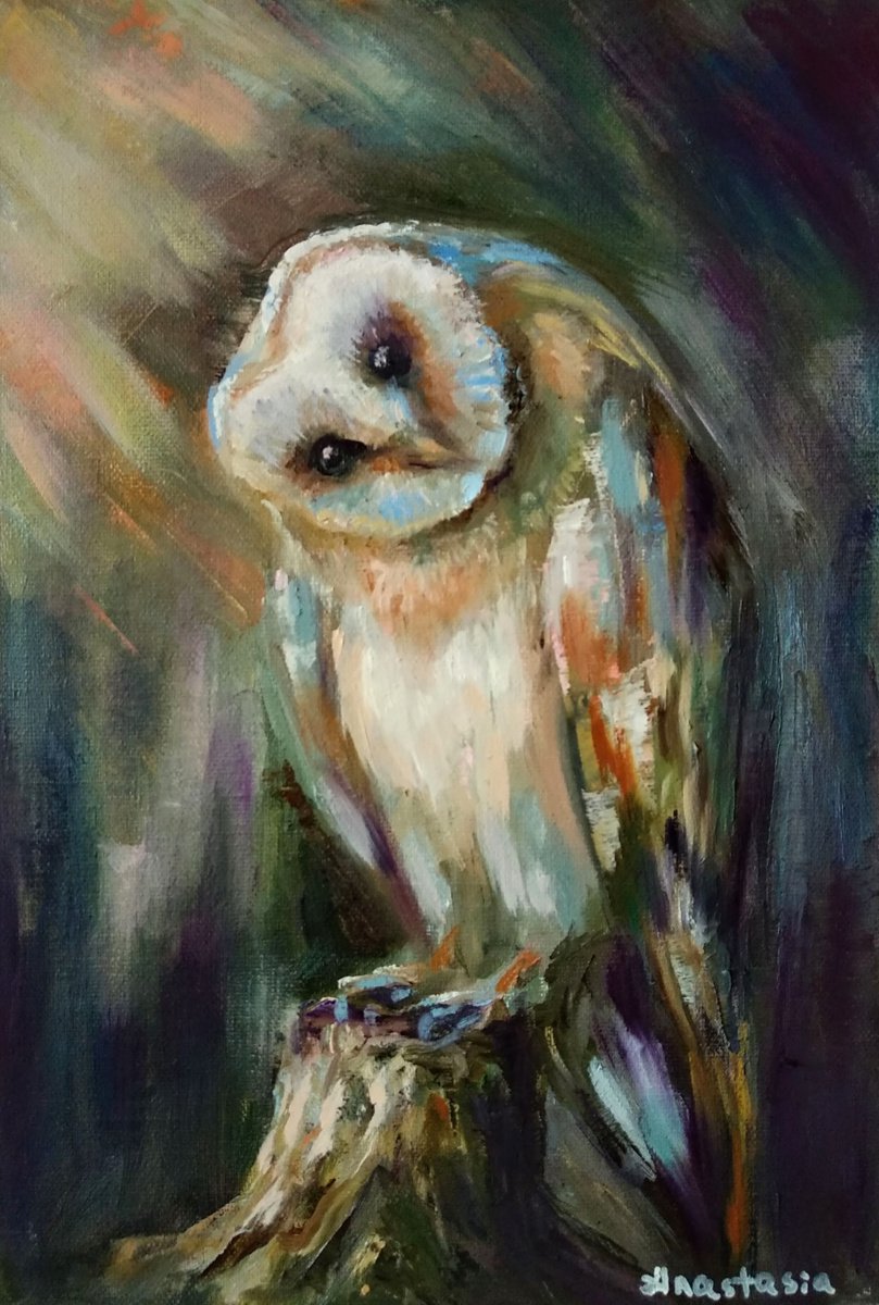 Birds Painting Curious Barn Owl on the Tree Nature Art by Anastasia Art Line