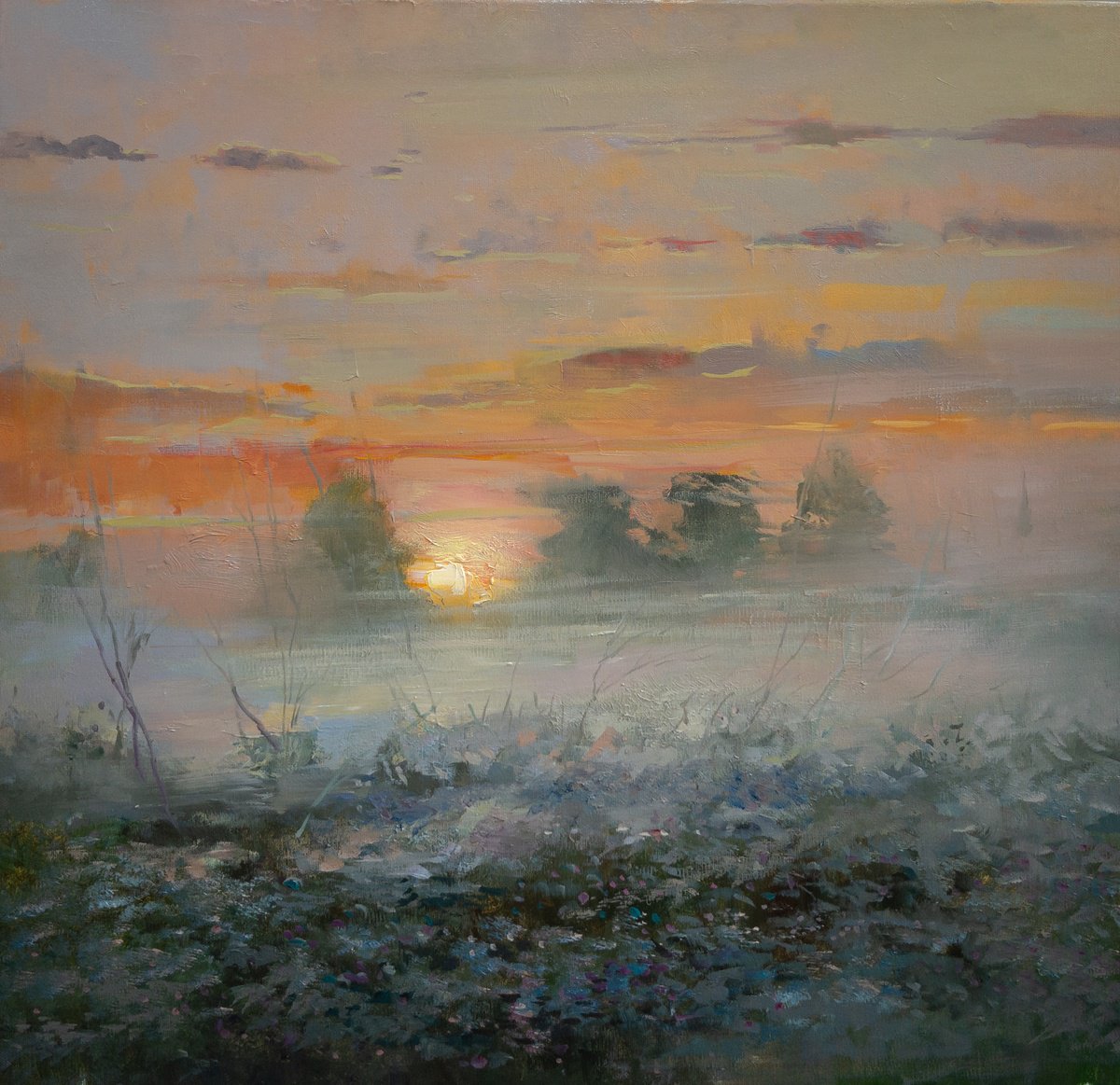 Impressionistic Landscape Oil Painting By Aleksandr Jerochin, 24 X 24, The Strokes Of Fog, Original Artwork