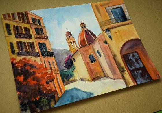 Old city cathedral original watercolor painting, Corfu Island, coastal home decor