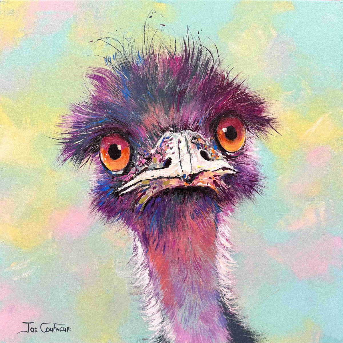 Organic Animal Acrylic Painting By Jos Coufreur, 28 X 28, Emu 128, Original Artwork