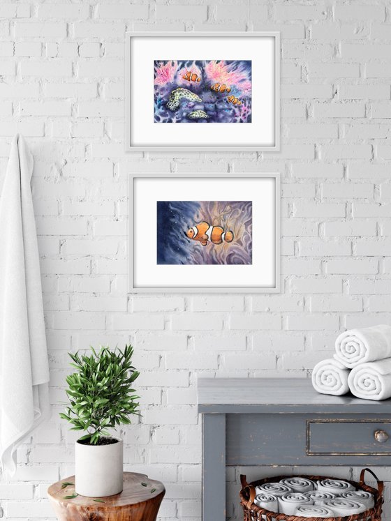 Set of two watercolor artworks. Underwater life of the coral reef. Fish Nemo and moray eels undersea.