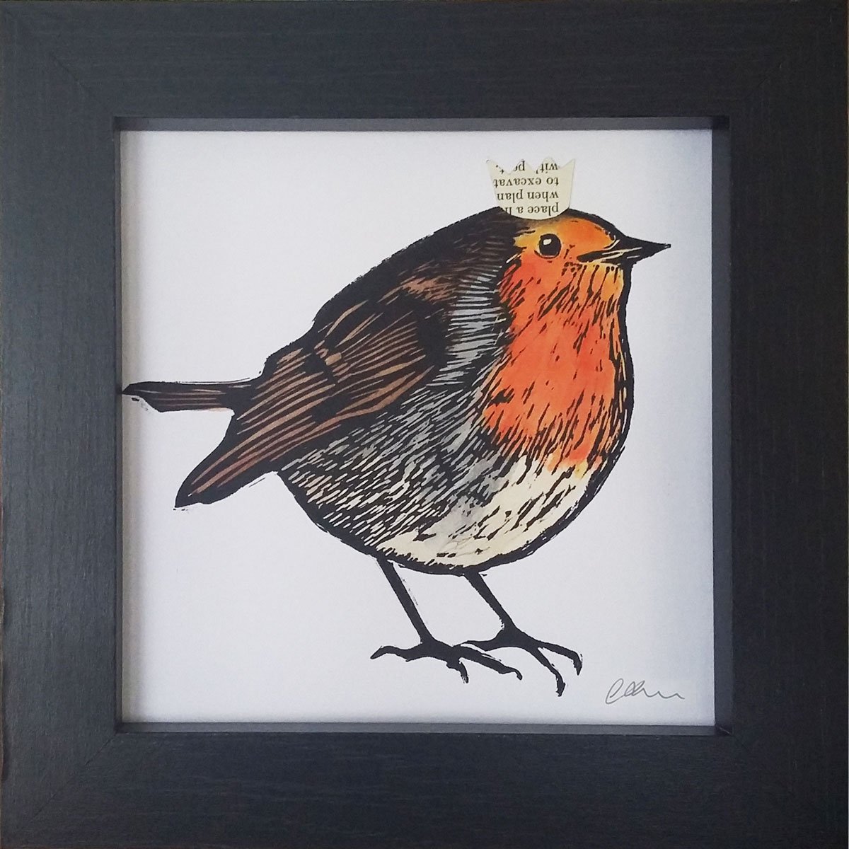 Red Red Robin - variable edition hand painted linocut print - Framed and ready to hang by Carolynne Coulson