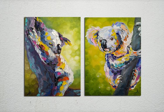 Diptych ''Australian koalas'' -  diptych oil painting, Australian koalas, diptych, koalas oil painting, oil painting, Australia, koalas, animals, koala art,