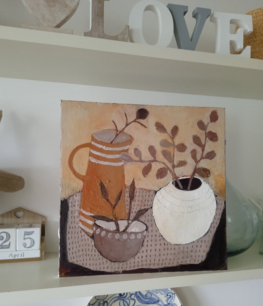 Naive Still Life Painting By Fiona Philipps, 16 X 16, Plants And Cuttings, Original Artwork