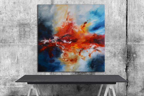 Solar flares - 60"x60" square red and blue abstract painting
