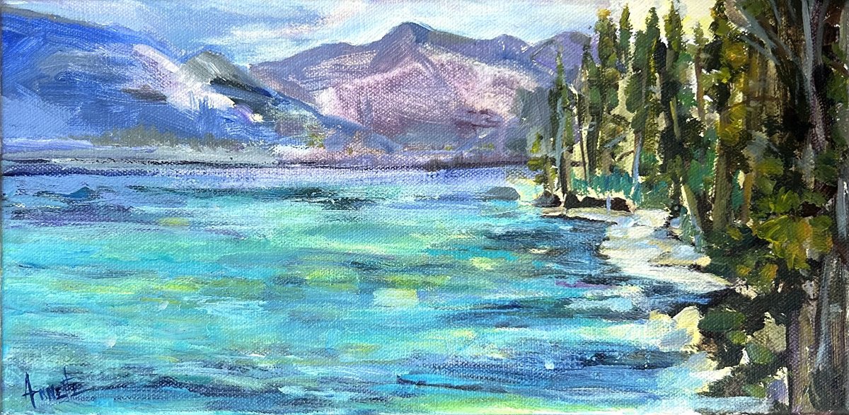 Impressionistic Landscape Acrylic Painting By Annette Wolters, 12 X 6, Lake Tahoe, Original Artwork