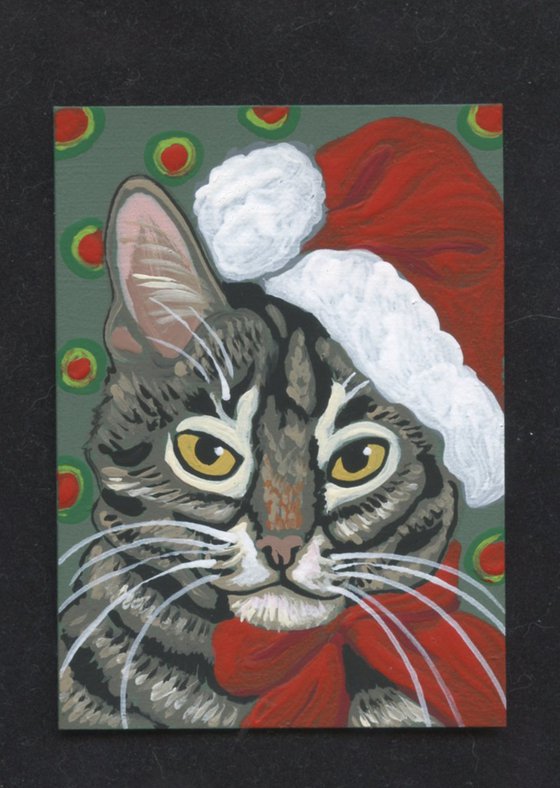 ACEO ATC Original Painting Christmas Grey Tabby Pet Cat Art-Carla Smale