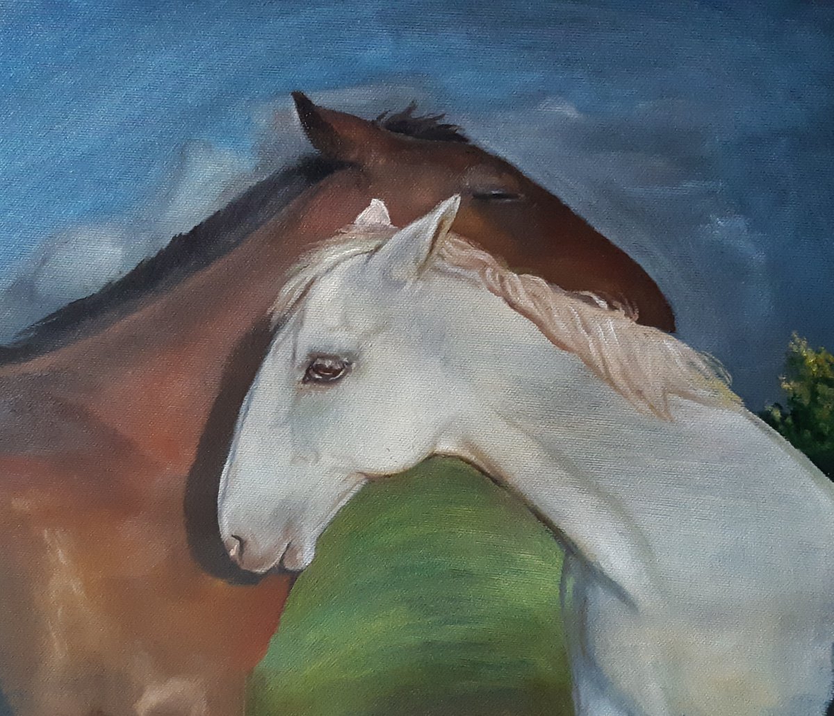Animal Oil Painting By Viktoria Deri, 13 X 11", Horses, Original Artwork