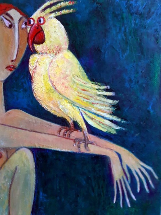 .Girl and parrot.