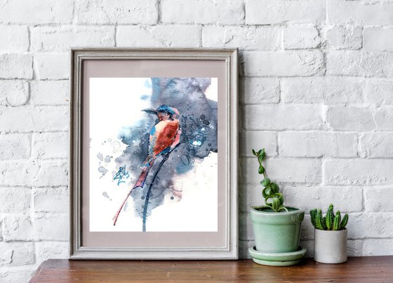 "Instant" - watercolor sketch of a bright red and blue bird on a branch on a gray background