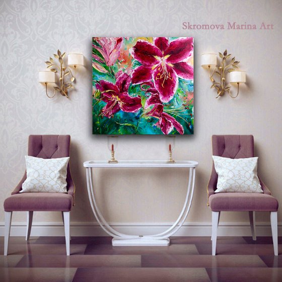 LUXURIOUS INFLORESCENCES OF LILIES - Bright landscape. Large buds. Pink lilies. Floral abstraction. Macro flowers. Blooming. Graceful.