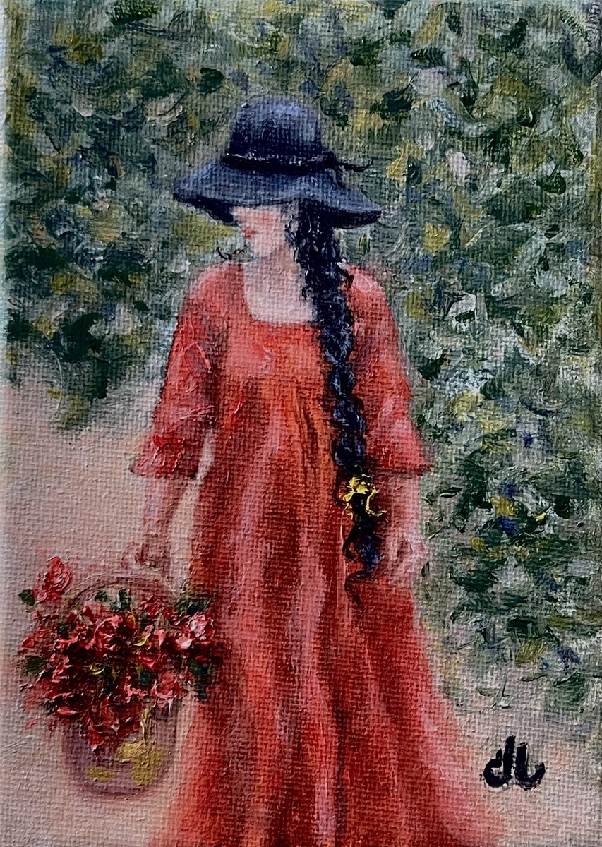 Impressionistic Portrait Oil Painting By Cristina Mihailescu, 5 X 7, Where Her Heart Blooms.., Original Artwork