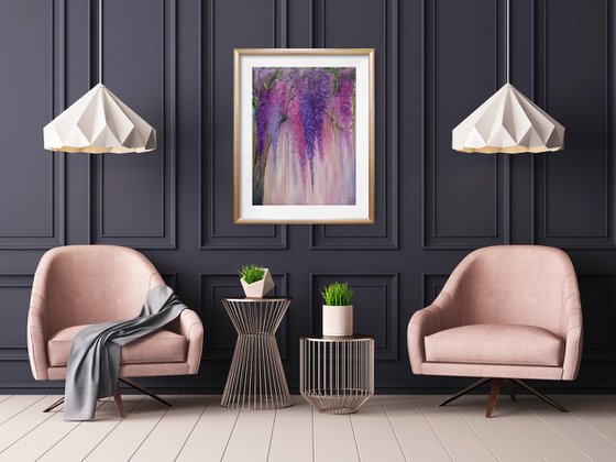 Spilled tenderness, oil painting, original gift, home decor, Flowerin, Livging Room, Wisteria, wisteria blooming, flowering tree, lilac flowers, wisteria picture, trees in bloom, gift for girl