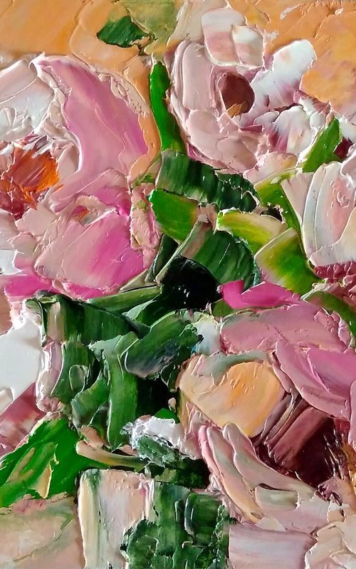 Peony Painting Original Art Pink Floral Small Artwork Bouquet Flower Wall Art by Yulia Berseneva