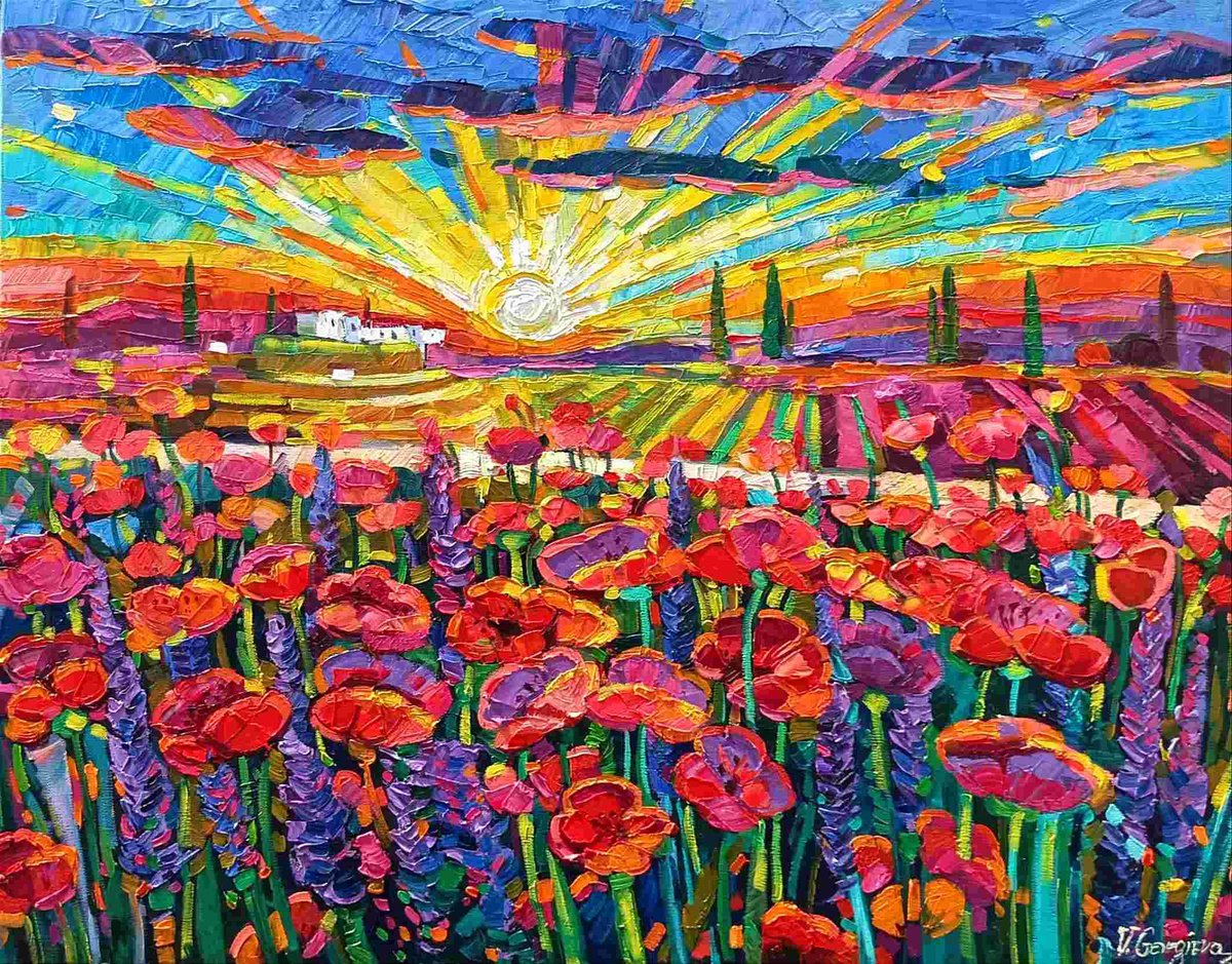 Expressive Landscape Oil Painting By Vanya Georgieva, 29 X 24", Poppies Field In Tuscany 2, Original Artwork