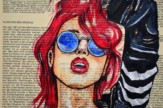 In The Glasses - Original Painting Collage Art on Vintage Page