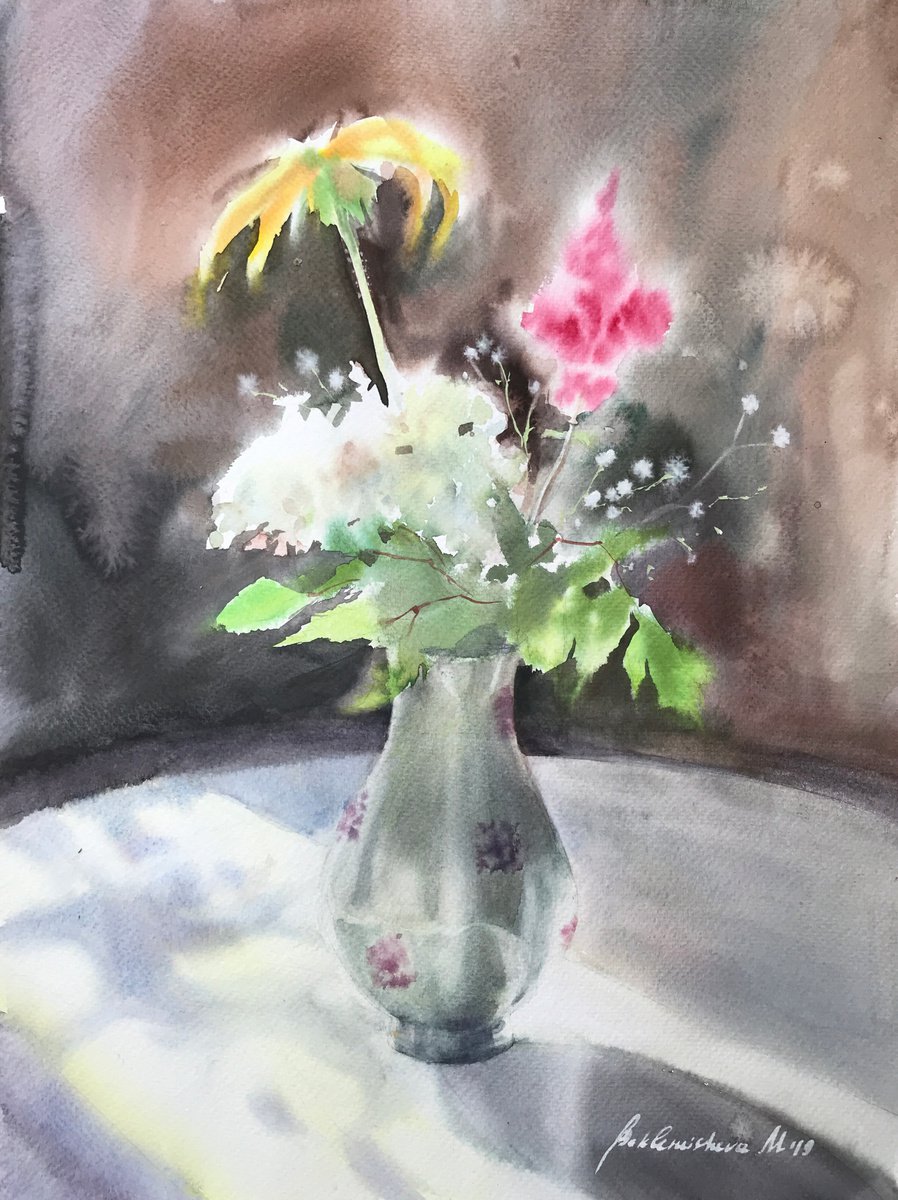 Stilll life with flowers. Watercolor painting. by Maria Beklemisheva
