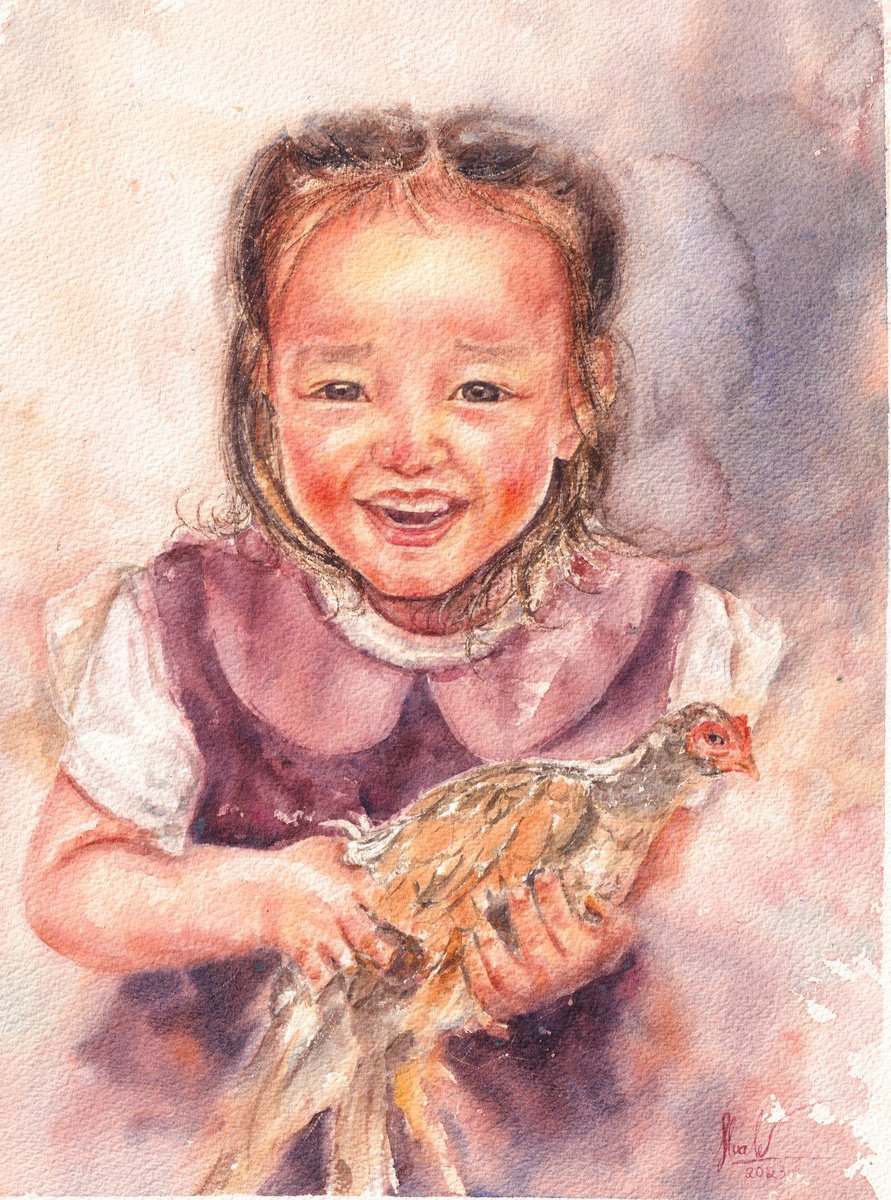 Portrait Watercolour By Hua Le, 11 X 15, Em Tr?ng - Tr?ng Portrait, Original Artwork
