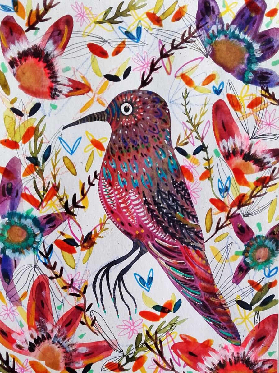 Bird Painting Animal Art Nature Bird Flowers by Celine Marcoz