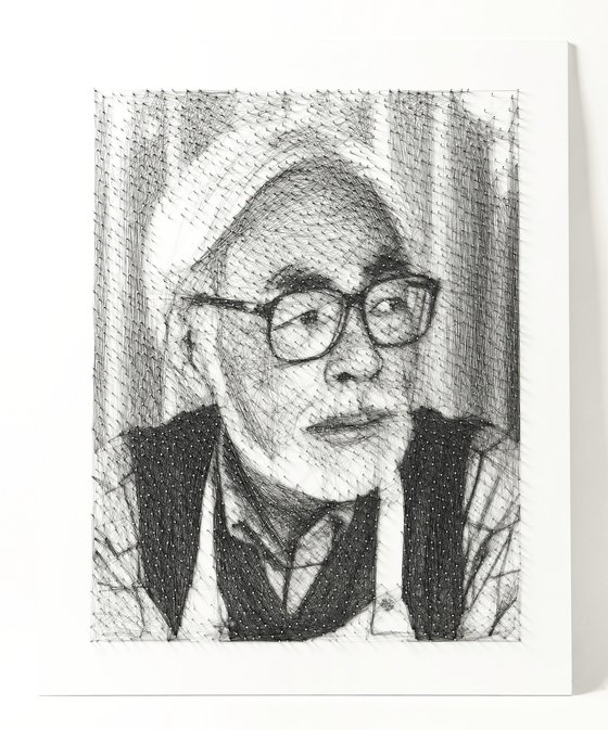 Showcasing new photorealistic string art technique with a portrait of Hayao Miyazaki
