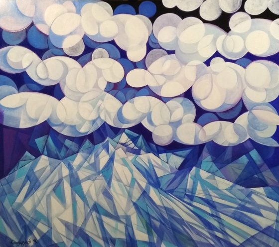 Winter evening (90x80cm, cubism, oil painting, ready to hang)