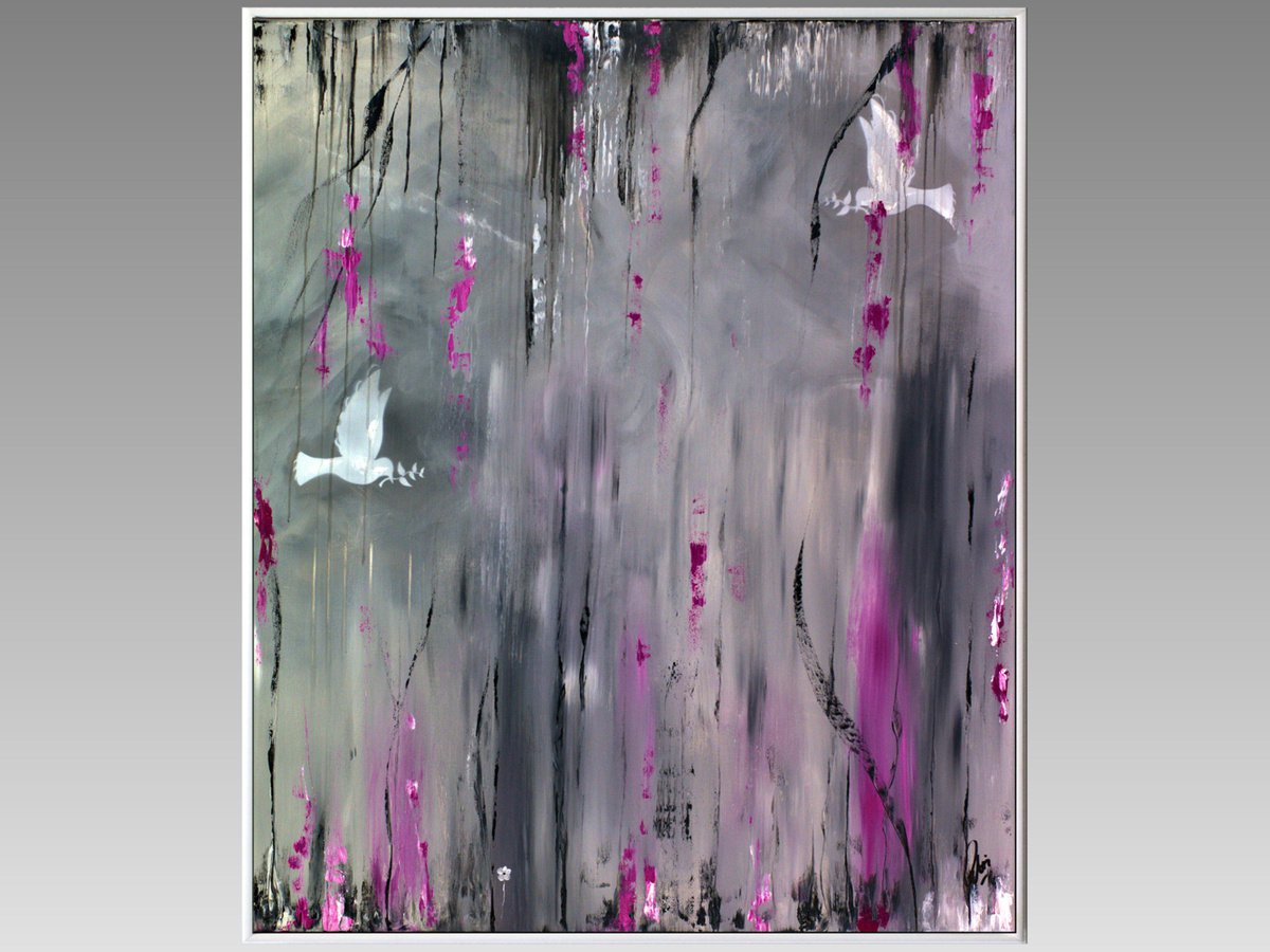 Doves of Peace - Abstract acrylic painting, framed artwork by Edelgard Schroer