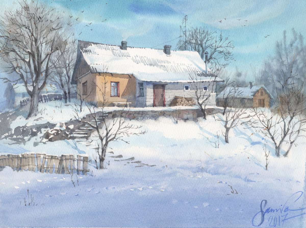 Graphic Landscape Watercolour By Samira Yanushkova, 14 X 10", Snow Art Original Watercolor, Winter Landscape Painting, Artfinder