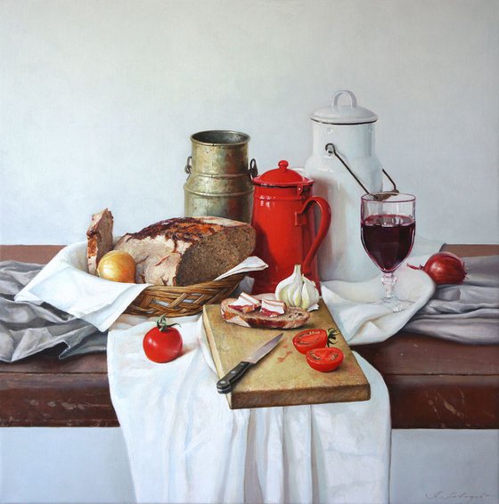 Still life with red coffee pot and bread