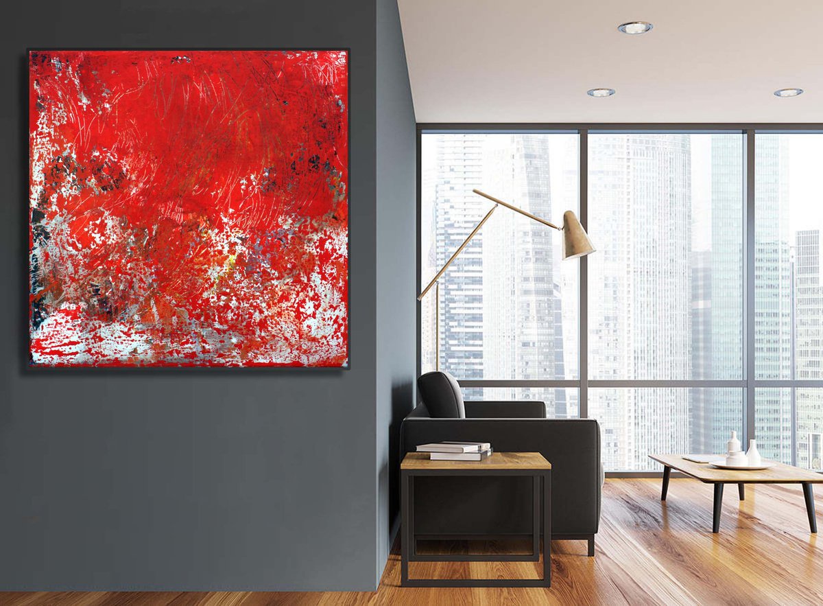 Abstract Acrylic Painting By Veljko Martinovic, 35 X 35", Large Painting - The Power Of Red -, Original Artwork
