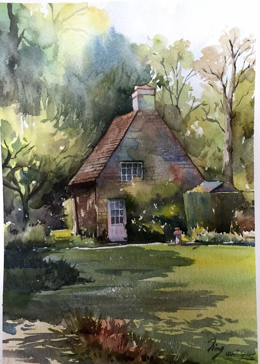 Impressionistic Landscape Watercolour By Jing Chen, 11 X 15, Jungle House, Original Artwork