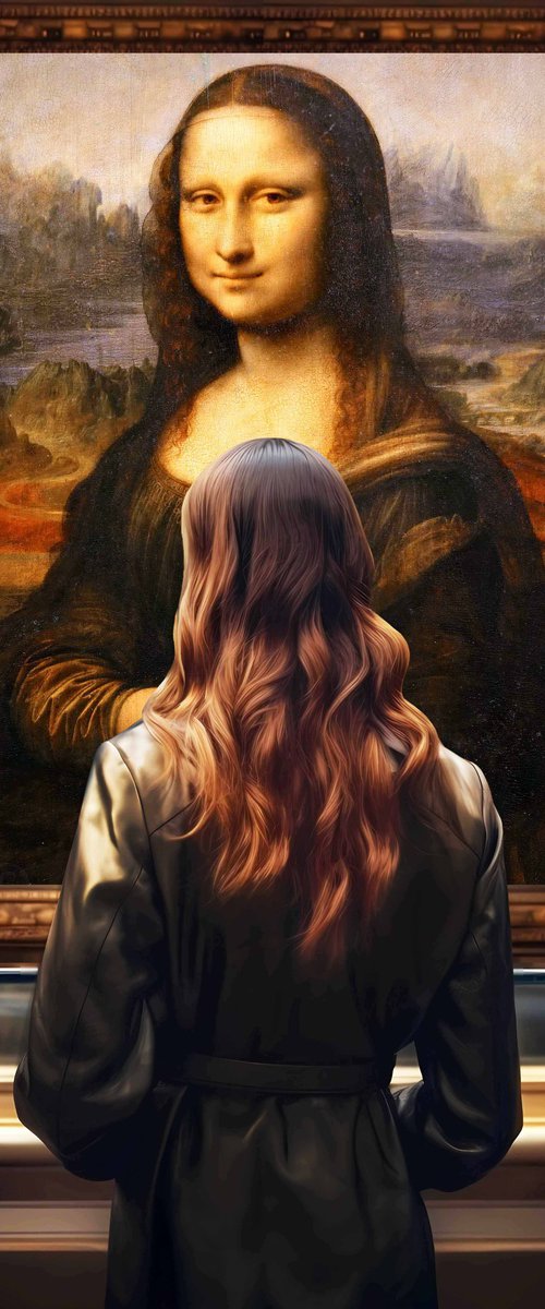 Woman in museum with Mona Lisa Leonardo da Vinci - faceless portrait woman art, Gift by BAST