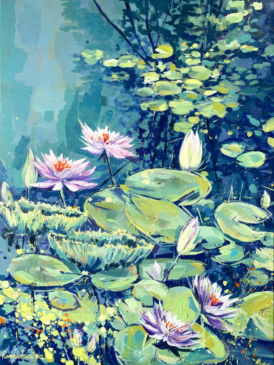 Abstract Botanical Acrylic Painting By Irina Rumyantseva, 24 X 31, Flowering Water Lilies 3, Original Artwork