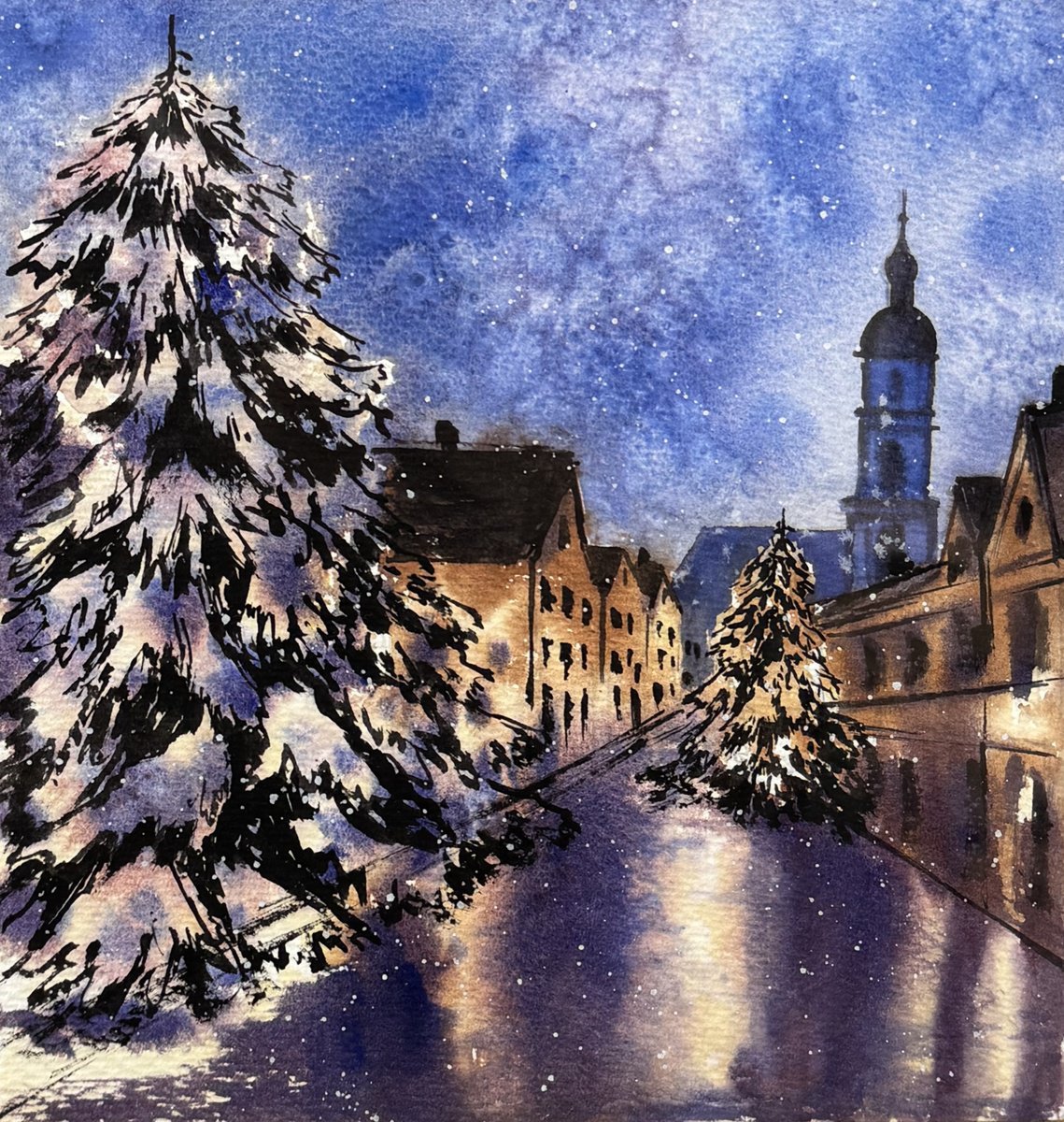 Impressionistic Watercolour , Christmas Comes To Every Home By Yuliia Sharapova, 13 X 15, Artwork For Sale On Artfinder