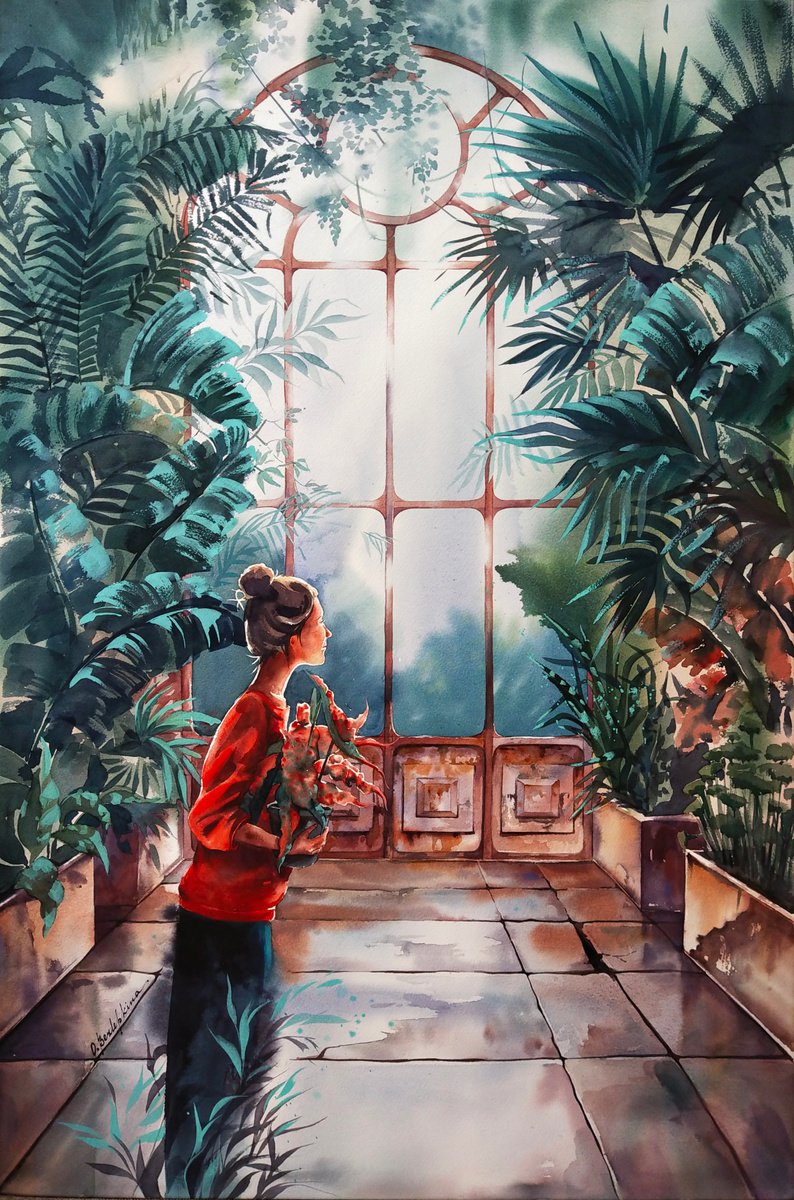 Botanical garden fairy #01- large watercolor painting, girl in a red sweater by Olga Bezlepkina