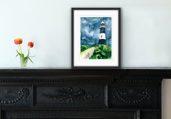 Landscape watercolor painting - Lighthouse and thunderstorm sky mixed media artwork - Gift idea for him     Gift idea