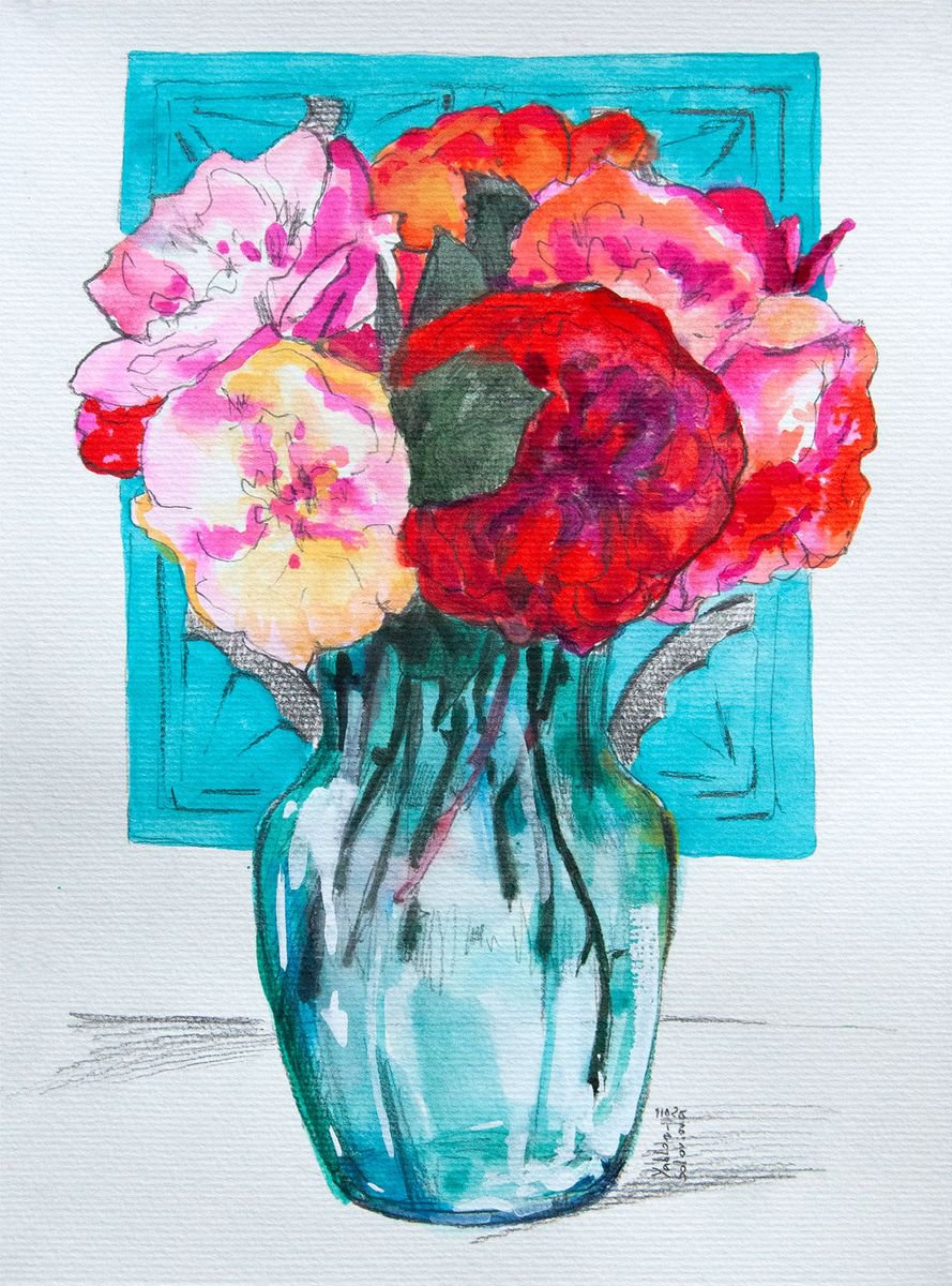 Garden roses in the blue vase sketch #4 by Daria Yablon-Soloviova