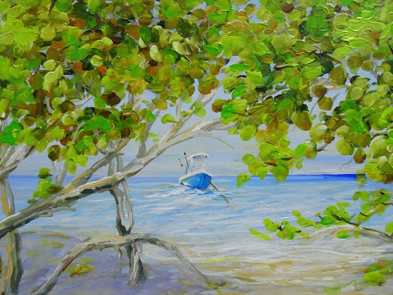 DAY ON THE BEACH. Tropical Island Seascape Painting of Florida Beach and Fishing Boat.