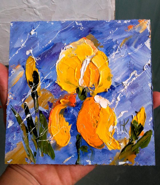 Irises Painting Floral Original Art Abstract Yellow Flowers Small Oil Impasto Pallete Knife Artwork Home Wall Art 6 by 6" by Halyna Kirichenko