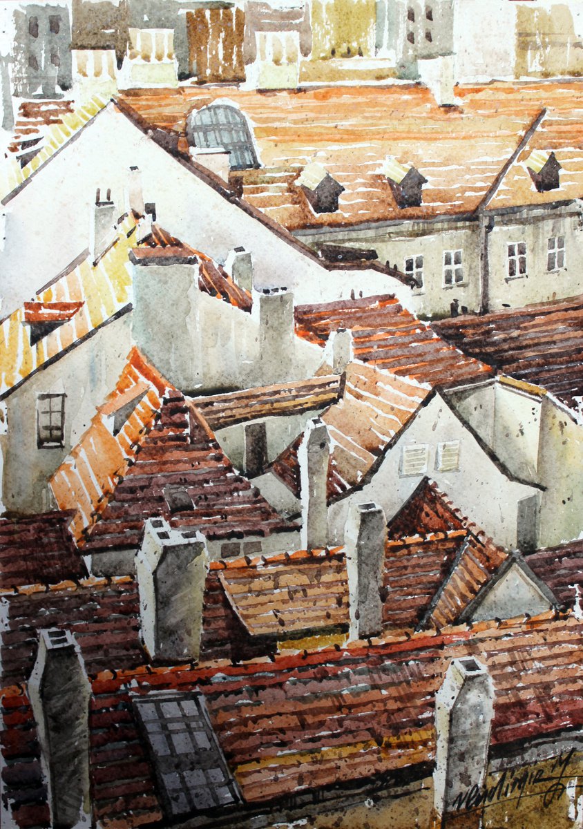 Cityscapes Watercolour By Volodymyr Melnychuk, 12 X 17", Rooftops Of Old Prague#2, Original Artwork