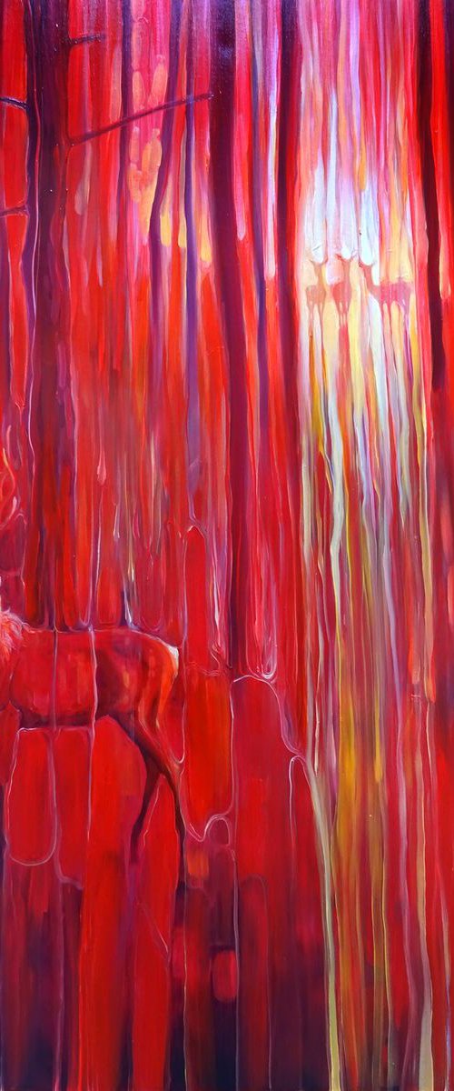 Red Forest Calls - original red oil painting with red deer in a red forest by Gill Bustamante