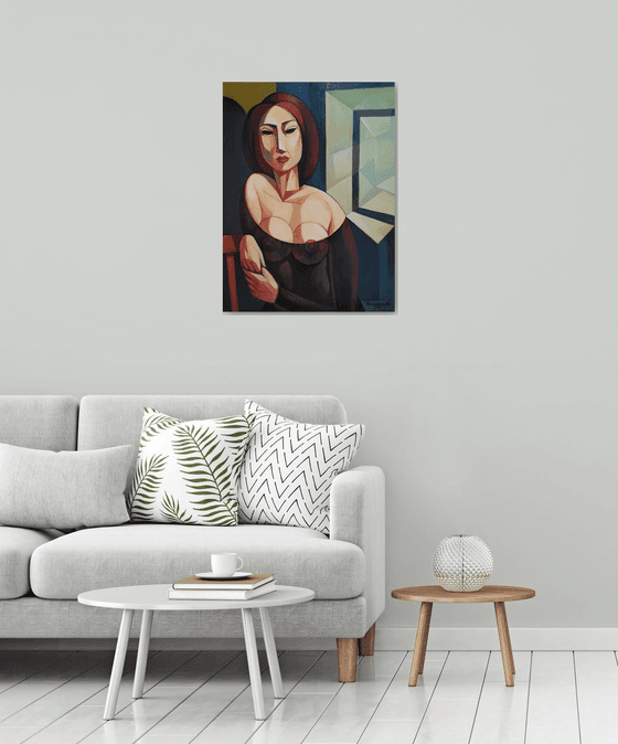 Waiting (60x80cm, cubism, oil painting, ready to hang)