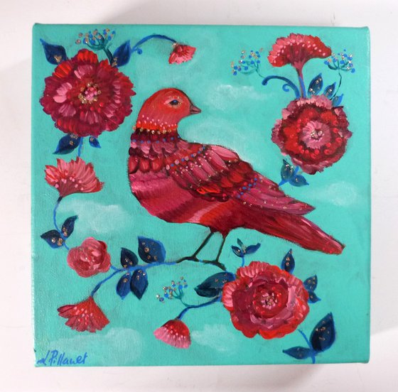 The flowered stopover 20 x 20 cm folk bird.