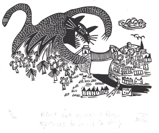 Black Cat Emerging From the Trees to devour a City